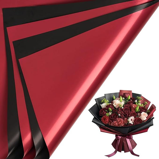LeZakaa 20 Sheets Flower Wrapping Paper - Waterproof Reversible Floral Bouquet Paper - Black and Burgundy Design for Mother's Day, Parties, Birthdays, Weddings, Graduations, Valentine's Day