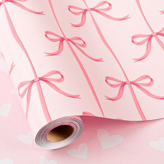 Burymento Pink Bow Wrapping Paper, Reversible Pink Love Design Gift Wrap for Baby Shower, Birthday, Valentines, Mothers day, Graduation, Wedding, Fathers day, Christmas (17 Inch X 32.8 Feet)