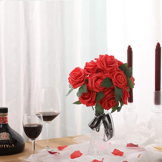 Artificial Rose Flowers 50pcs Red Fake Roses Artificial Foam Roses Real Looking w/Stem for DIY Wedding Bouquets Centerpieces Bridal Shower Party Home Cake Flower Decoration (Classic Red, 50 pcs)