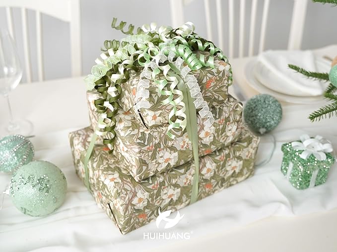 HUIHUANG Green Bows for Gift Wrapping Moss/Sage/Ivory Curly Bows with Self Adhesive & Twist Tie, 7 inch Sheer Satin Ribbon Bow for Presents, Gift Basket, Wedding Decor, Party Favors- 6 Counts