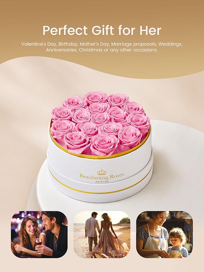 Preserved Roses Forever Flowers Real Roses in a Box Mother's Day Birthday Flowers for Her Mom Women Wife Valentine's Day, 16 Pink Roses