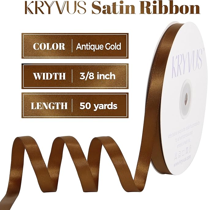Antique Gold Satin Ribbon, Double Faced 3/8 Inch X 50 Yards Antique Gold Ribbon, Premium Satin Ribbon for Gift Wrapping, Crafts, Hair Bow Making, Sewing, Flower Bouquet, Wedding Party Decor