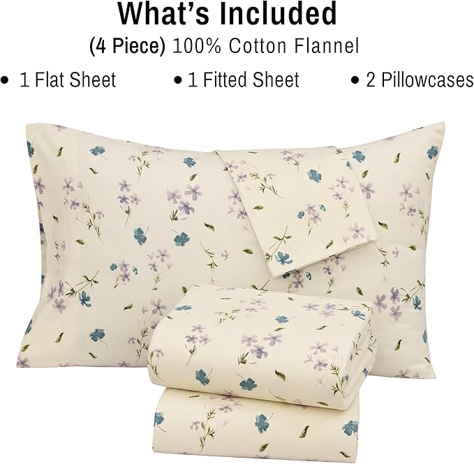 RUVANTI Flannel Sheets King Size - 100% Cotton Brushed King Size Sheets Set - Deep Pockets 16 Inches Bed Sheets - All Seasons Breathable & Extra Soft - Warm & Cozy, 4 Piece, Jasmine Stamp Cream