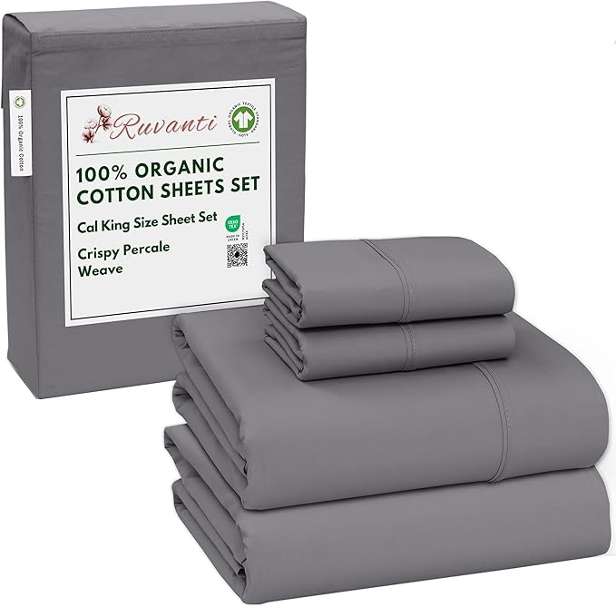 RUVANTI 100% Organic Cotton Sheets California King, Percale Weave, GOTS Certified, 4-Piece Set, Deep Pocket 13", Crisp & Breathable, Soft Durable Bedding, Sábanas Algodón Orgánico – Silver Filigree