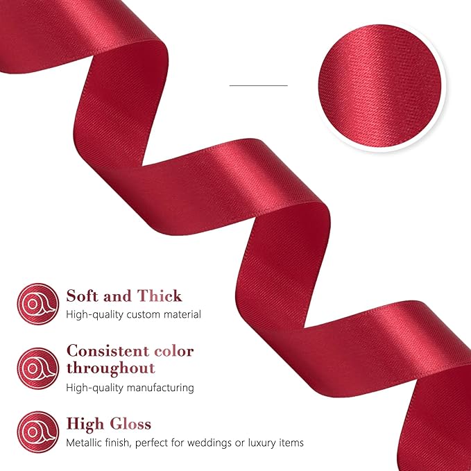 Wine Red Ribbon 1 Inch 60 Yards, Versatile Maroon Satin Ribbon for Crafts, Gift Wrapping, Flower Bouquet, Graduation Lei, Baby Shower, Christmas, Halloween