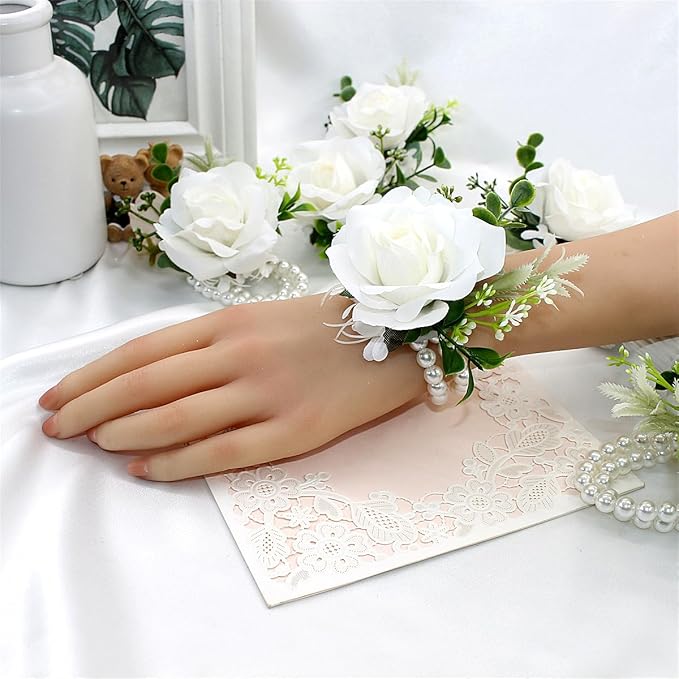 Meldel White Ivory Rose Wrist Corsage Boutonniere for Men Wedding Wrist Flower Corsage Hand Flower for Bride Bridesmaid Prom Decor Paty Girl