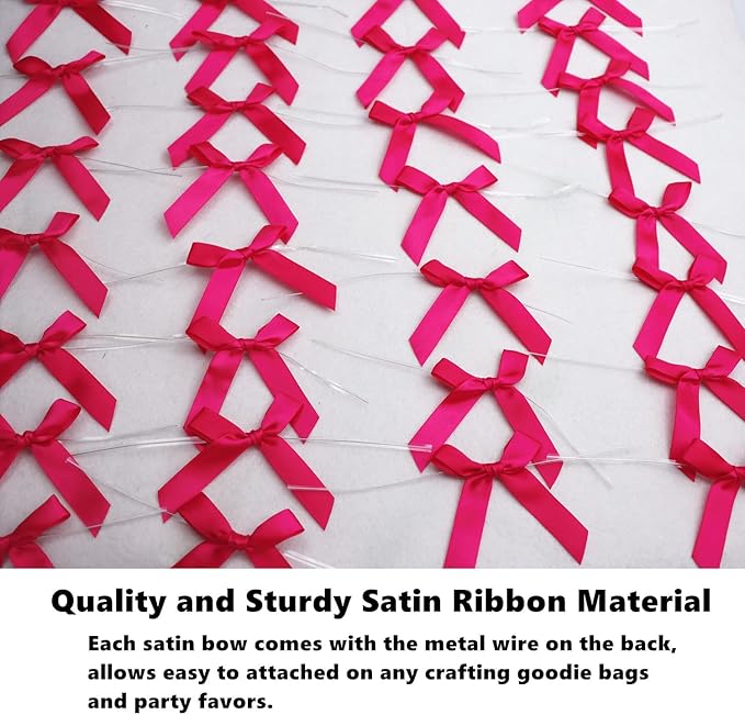 50 PCS 3 Inch Twist Bows for Treat Bags, Satin Twist Tie Bows, Pre Tied Bows with Wire, Ribbon Bows with Twist Ties, Bow Ties for Gift Bags, Popcorn Bags, Cookie Bags, Party Favors (Hot Pink)