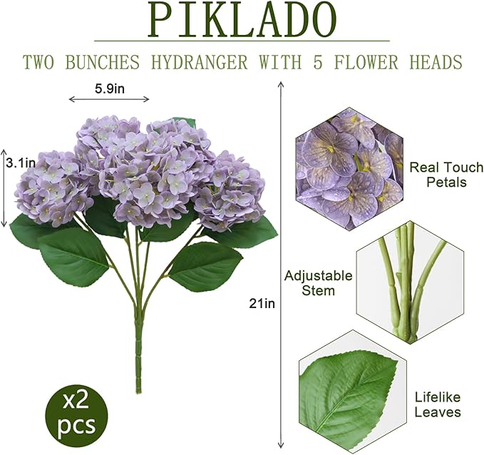 2 Bunchs 21in,Light Purple Real Touch Hydrangea Artificial Flowers,with 10pcs Flower Heads 20pcs Green Leaves, Faux Hydrangea Flowers,for Home Office Decor Wedding Party Arrangements