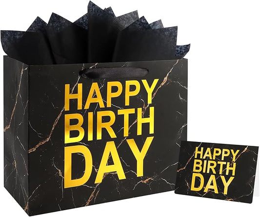 ASYEHJNR 13" Large Size Black Gold Birthday Gift Bag Marble with Metallic Gold Happy Birthday Sign Gift Bag with Greeting Card and Tissue Paper for Boy Men Bday Supplies