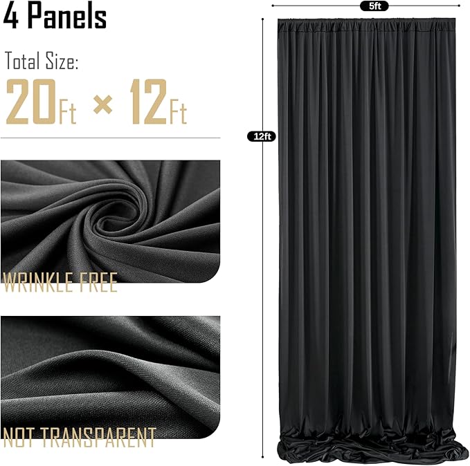 gogoparti 20 ft × 12 ft Black Backdrop Curtain for Wedding Parties, 4 Panels Wrinkle-Free 12 FT Long Polyester Photo Backdrop Drapes for Birthday, Baby Shower, Halloween Photography Background