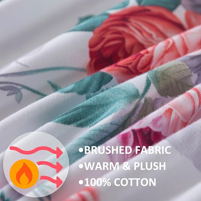 FADFAY Red Vintage Peony Floral King Size Sheets Set 100% Brushed Cotton Shabby Purple Rose Pattern Bedding Set Deep Pocket Sheets with 2 Pillowcases Luxury Breathable Soft 4pcs, King Size