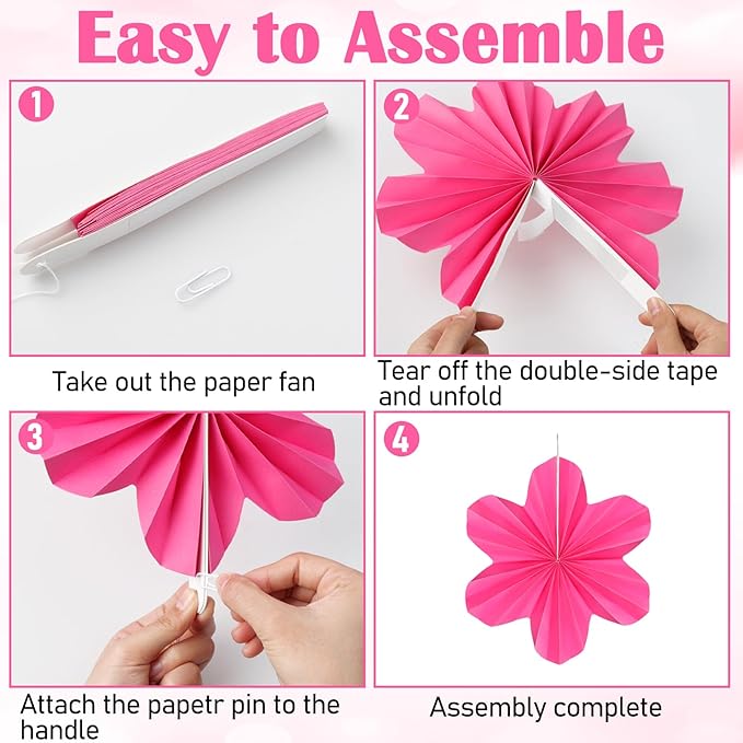 9 Pcs Pink Paper Flower Party Decorations, Hot Pink Paper Fans Hanging Ornaments Pink Birthday Decorations for Classroom Floral Backdrop Wedding Baby Showers Wall Decor