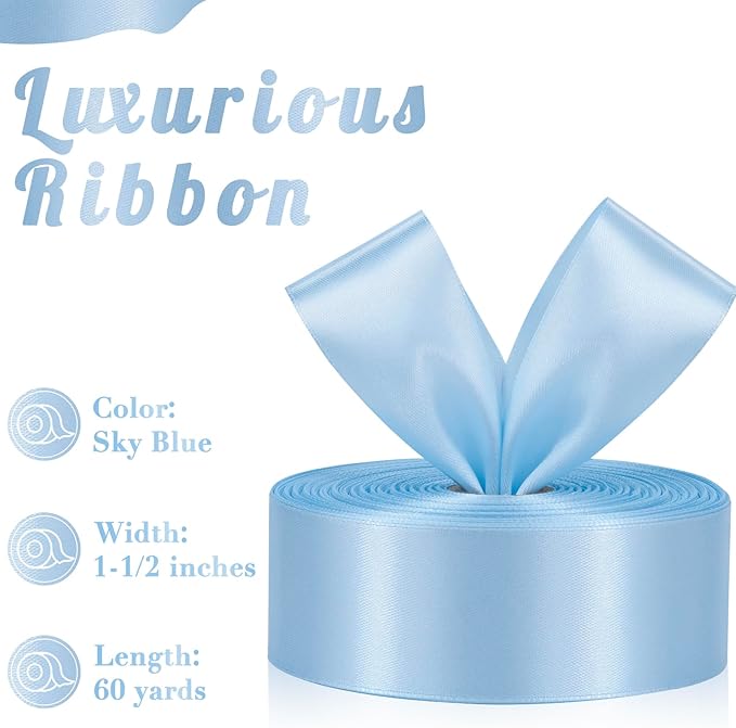 Light Blue Ribbon 1-1/2 Inch, 60 Yards Polyester Baby Blue Satin Ribbon for Gift Wrapping, Fabric Ribbon for Flower Bouquet Crafts Wedding Christmas Baby Shower