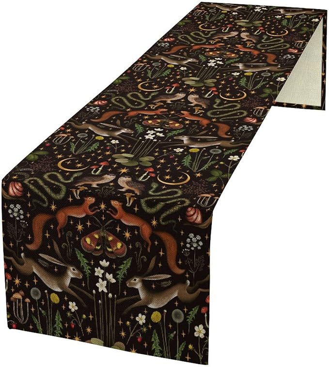 Rustic Forest Table Runner, Fairy Tale Forest Woodland Wild Animals Moths Flowers Table Runner for Farmhouse Cottage Kitchen Dining Table Decor Indoor Outdoor Party, 13x60inch