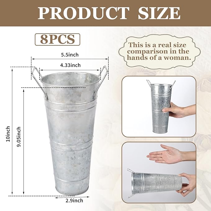 Set of 12 Small 10inch Flower Buckets for Flower Bar,Small Rustic Vase,Galvanized Bucket,Farmhouse Vase,Farmhouse Vases for Flowers (Silver,10'' Height,12pcs)