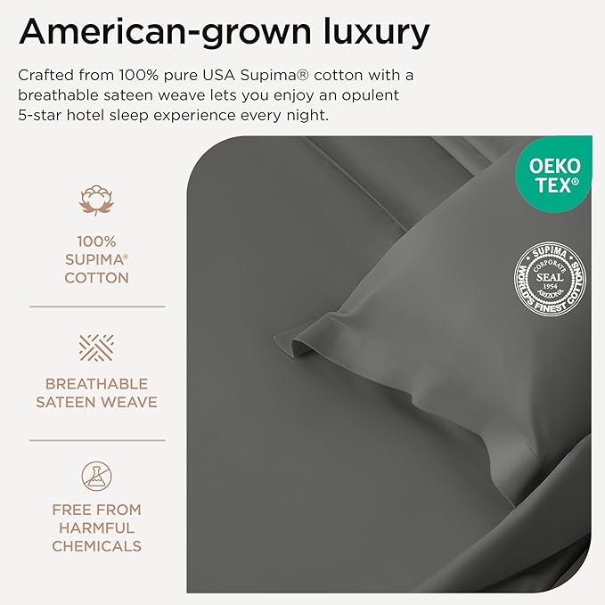 Threadmill 100% Supima Cotton Sheets, 1200 Thread Count Cotton Sheets for Cal King Size Bed, 4 Pc Dark Grey Cal King Bed Sheets Set, 5-Star Hotel Quality, Elasticized Deep Pocket Cal King Sheet