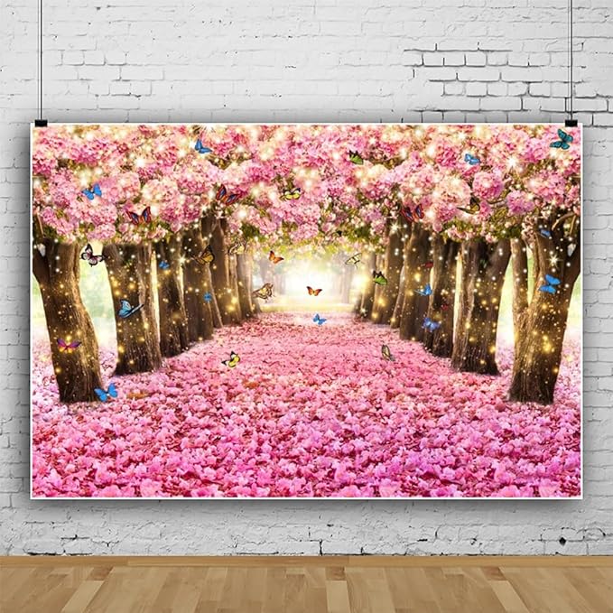 Renaiss 12x10ft Pink Cherry Blossom Backdrop Fairy Tale Romantic Pink Flowers Tree Butterfly Floral Petal Falling Boulevard Photography Background for Wedding Newborn Party Decor Photo Props