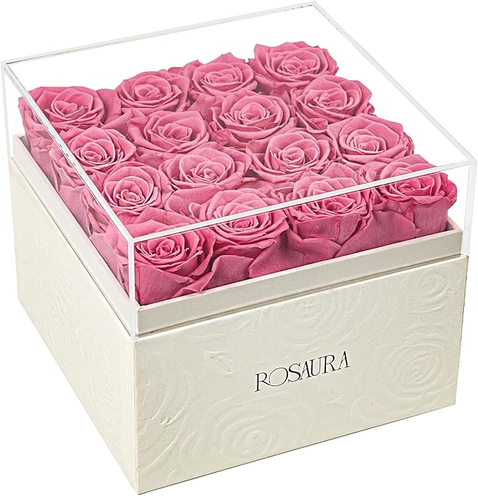 Rosaura Square Preserved Roses Gift Box - Real Forever Flowers in Clear Acrylic Lid, Valentine's for Women (Pink, 16 Roses)