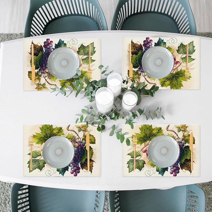 Fruit Grapes Purple Abstract Placemats Set of 4 PVC Vinyl Non Slip Table Mats Waterproof Heat Resistant Place Mats Washable Wipeable Dining Table Mat for Kitchen Party Indoor Outdoor Decorative