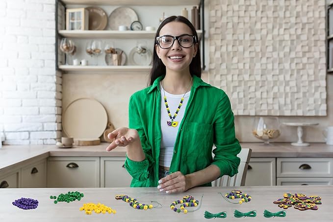 Eternity sky 36 Pcs Mardi Gras Beads Necklace Kit - DIY Purple Green Gold Wooden Craft Pendant Set for Carnival Party Favors - 9 Styles