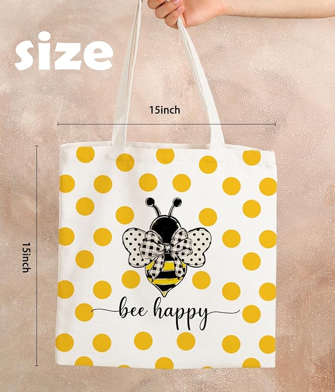 Bee Happy Canvas Tote Bag, Inspirational Bee Gifts for Women Bee Lovers, Summer Bee Tote Bag for Women, Reusable Grocery Bags Shopping Bags, White, 140GA-TTBA-sunmerbee