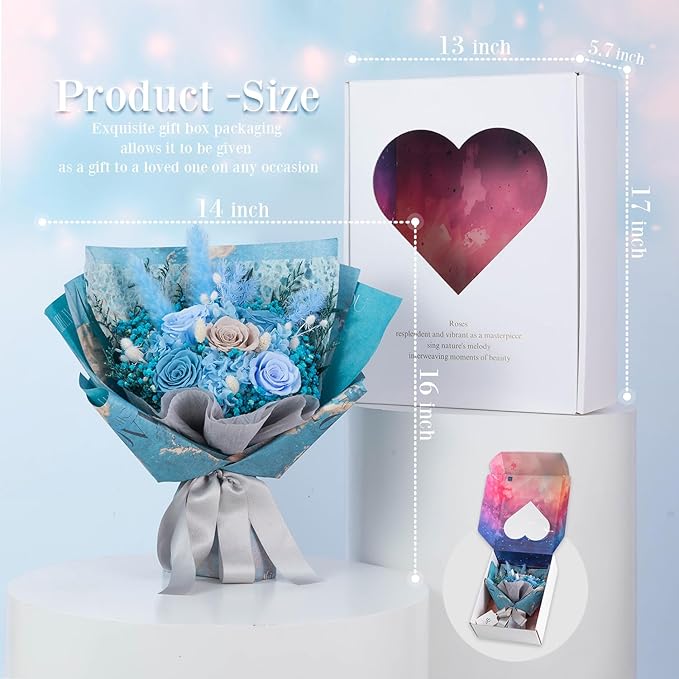 Large Preserved Roses Bouquet - Eternal Flowers for Delivery Prime,1-3 Years Long Lasting Real Roses Gift for Women,Mom Wife - Elegant Home Decor for Mother's Day,Anniversary,Valentine's Day(Bule)