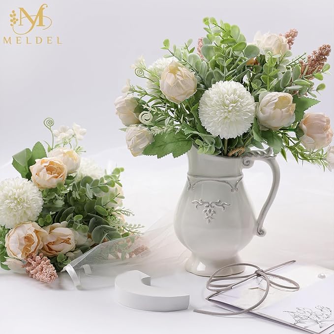 Meldel 3Pcs Rose Bouquet Light Champagne Artificial Flowers Peony Eucalyptus Plants Silk Flower Arrangements Wedding Bouquets Decorations Plastic Floral Centerpieces for Home Kitchen Party Decor