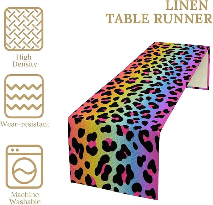 Rainbow Leopard Skin Print Table Runner, Wildlife Colorful Neon Cheetah Dots Dinner Runner Table Decoration for Farmhouse Home Kitchen Dining Table Party Holiday Decor 13x60in
