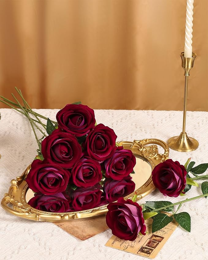 LFF 50Pcs Fake Purple Red Roses Artificial Flowers with Long Stems, Realistic Silk Faux Roses in Bulk, Wedding Bouquet, DIY Floral Arrangement for Home/Wedding/Proposal Ceremony Decoration(Purple Red)