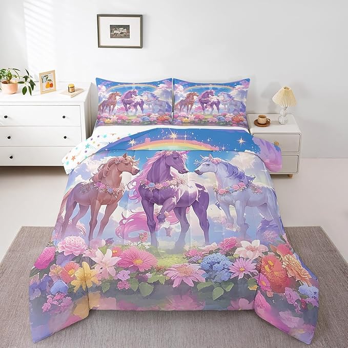 Castle Fairy Dreamy Unicorn Comforter Set Twin Size,Rainbow Blue Sky Colorful Flowers Reversible Bedding Set for Kids Boys Men,Cartoon Animal Floral Galaxy Quilted Duvet Set with 1 Pillowcase