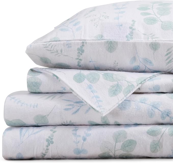 Market & Place 100% Cotton Twin Flannel Sheet Set | 3 Piece Deep Pocket Cozy Winter Floral Bed Sheets | Double Brushed for Extra Softness & Comfort | Alpine Collection (Twin, Eucalyptus Leaves)