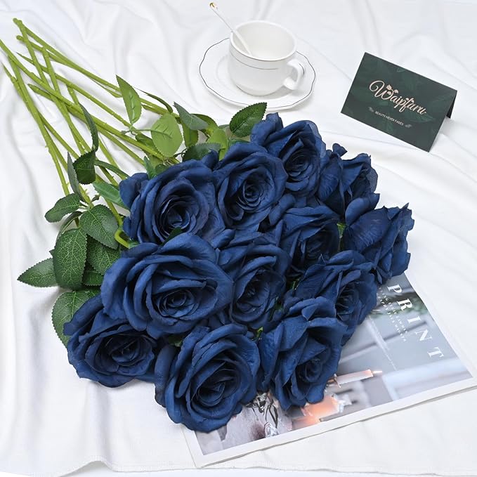 Waipfaru 16 Pcs Blue Roses Artificial Flowers, Long Stem Fake Roses, Silk Faux Flowers for Valentines Wedding Bouquet Vase Centerpiece Home Decor (Navy Blue)