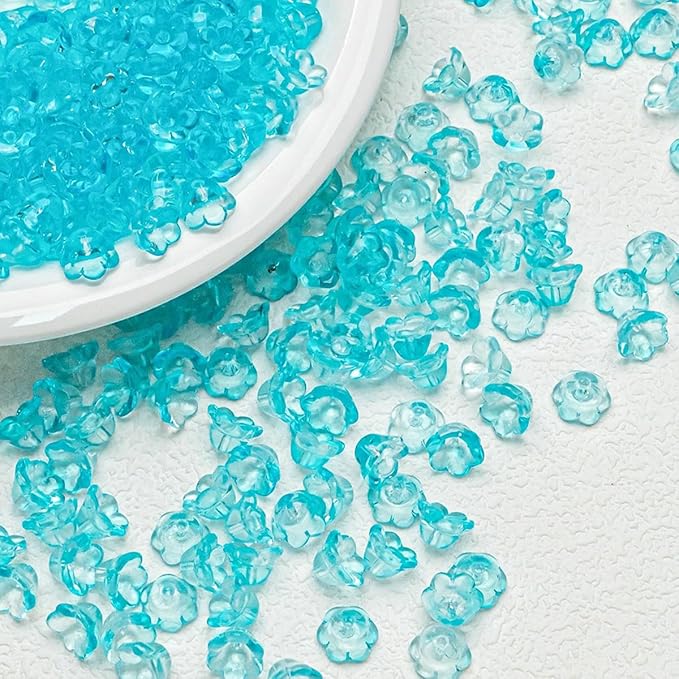 LadayPoa 100pcs Glass Bellflower Beads for Jewelry Making Trumpet Flower Beads Gradient Clear Cute Beads for Bracelets Making Aesthetic Bead Charms for DIY Necklace Decoration-Ice Blue