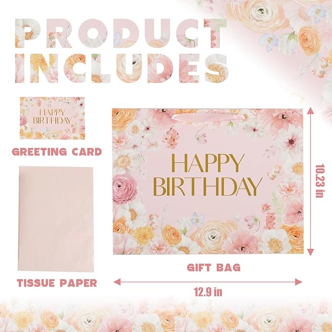 13” Large Wild Flower Gift Bag, Floral Design Happy Birthday Bag with Handles, Greeting Card, Tissue Papers for Women Girls Birthday Party Baby Shower Supplies Favors.（13in）