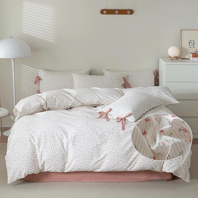 VM VOUGEMARKET Flower Duvet Cover King Vintage Garden Pink Floral Bedding Set for Girls Women 100% Cotton 3 Pieces Stripes Comforter Cover with Zipper Ties,Off-White/Cream