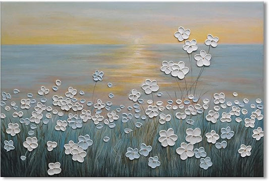 JUHOME Vintage Hand-Painted Thick Texture 3D White Flowers Abstract Oil Painting on Canvas Wall Art,Horizontal Sunset Beach Art Decor for Home Office Hall Wall Decorative,36x24