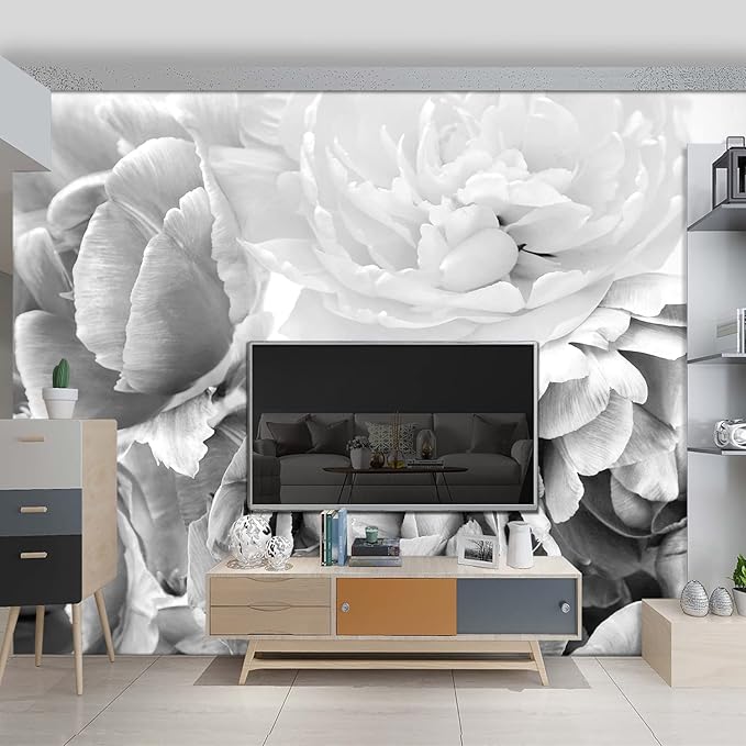 Grey Peony Floral Wallpaper Bedroom Black and White Flowers murals Aesthetic Room Decor Living Room tv Background Large Wall Mural - 91"x65" Not Peel and Stick