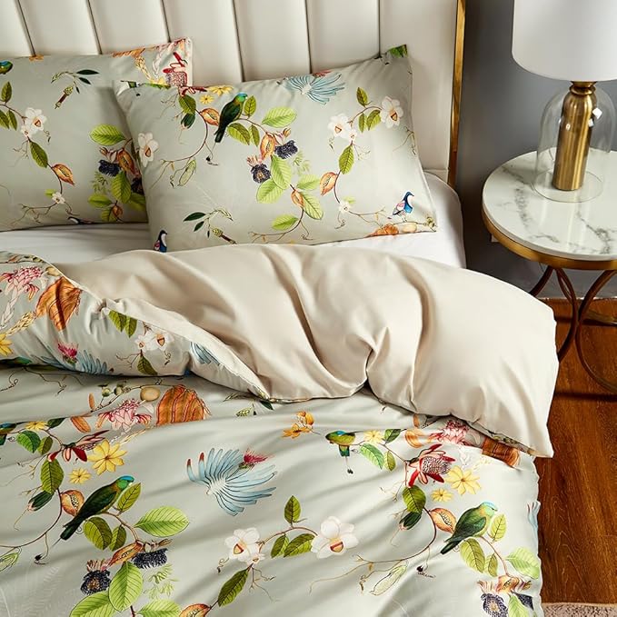 mixinni Duvet Cover Queen Size Set Floral Leaves Pattern Cotton Bird Printed Bedding Duvet Covet Set with Zipper Ties, Perfect for Him and Her, Easy Care, Soft and Breathable-(3pcs, Queen Size)