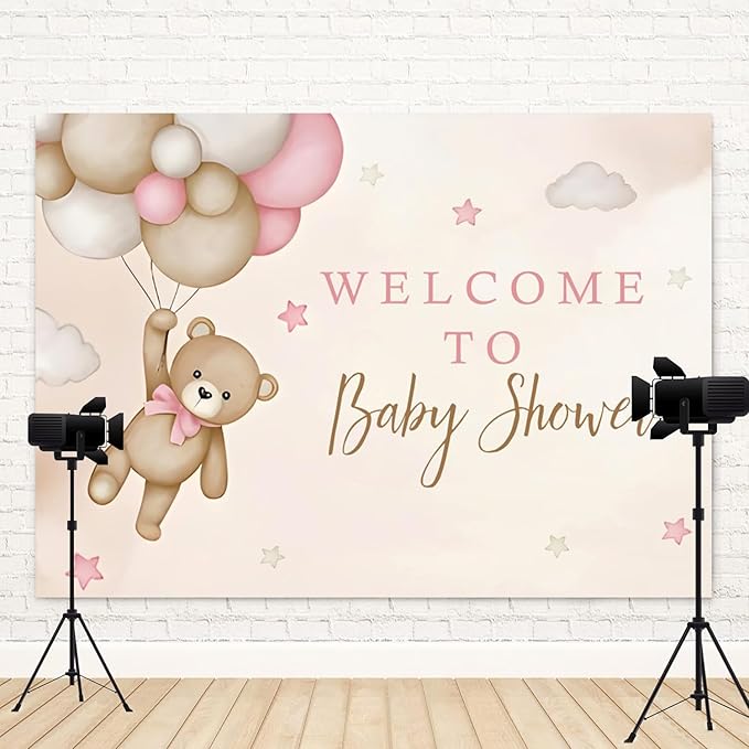 15x10ft Bear Baby Shower Backdrop Brown Pink Hot Air Balloon Photography Background Sky Cloud Star Welcome to Baby Shower Decorations Pregnancy Announcement Portrait Photo Booth Prop