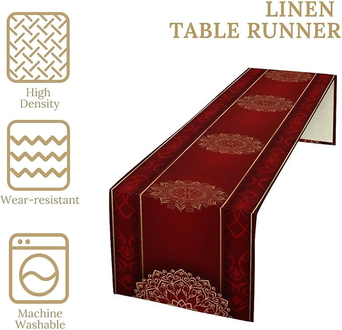 Luxurious Bohemian Table Runner, Red Gold Mandala Floral Boho Decor Table Runner for Kitchen Dining Festive Holiday Party Wedding Gathering, 13x90 Inch