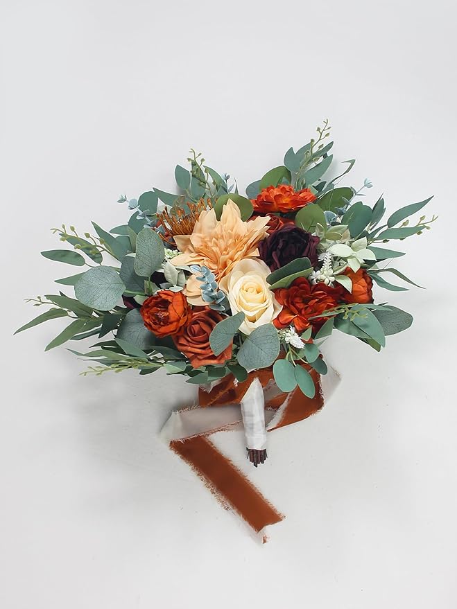 Rinlong Fall Wedding Bouquets for Bride Burnt Orange Bridal Bouquet for Wedding Terracotta Bouquets Boho Artificial Flowers