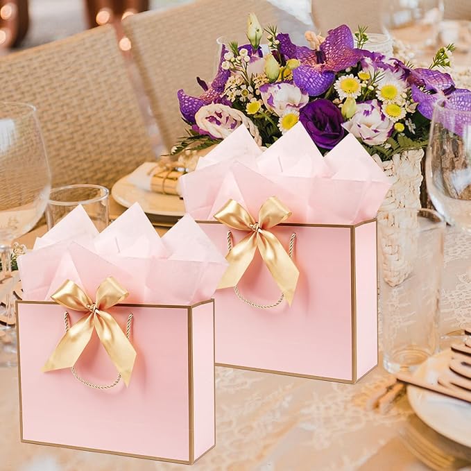 13” Pink Gift Bags, 2 PCS Light Pink Gift Bags with Handles Bow Ribbon, Large Gift Bag Set with Tissue Paper Greeting Card , Portable Paper Present Bag for Girls Women Birthday Wedding Baby Shower