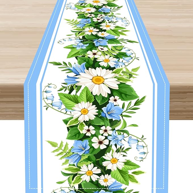 Wild Flower Table Runner, Vintage Seasonal Spring Daisy Flower Rustic Blue Farmhouse Table Center Decor for Family Kitchen Farmhouse Holiday Party Table Decorations Indoor Outdoor 13x36 inch