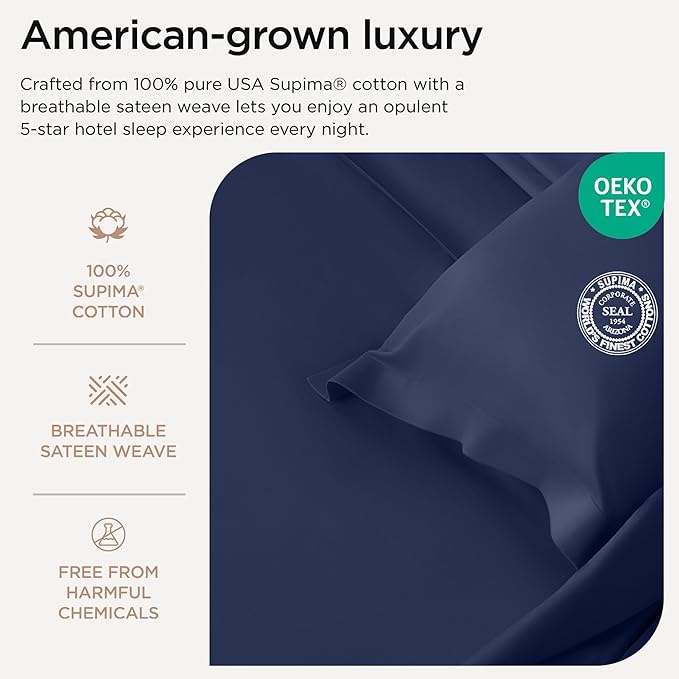 Threadmill American Supima King Size Cotton Sheets, 1200 Thread Count, 4 Piece Luxury Bed Sheets for King Mattress, 5 Star Hotel Quality Sheets with Elasticized Extra Deep Pocket, Folkstone Blue