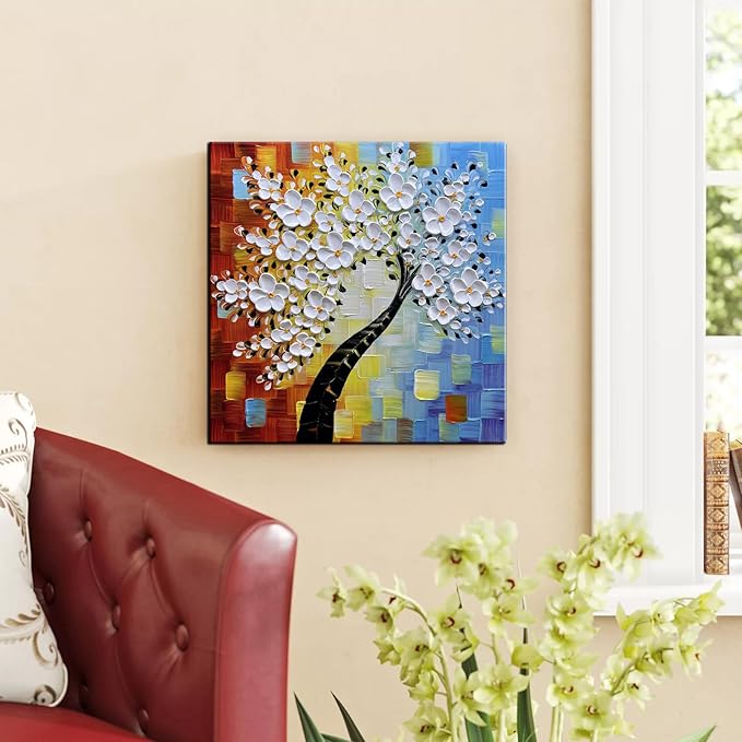YaSheng Art -3D handmade paintings textured wall art Oil Painting On Canvas white Flowers Paintings Modern Home living room Wall Art Abstract canvas art picture Ready to hang 30x30inch