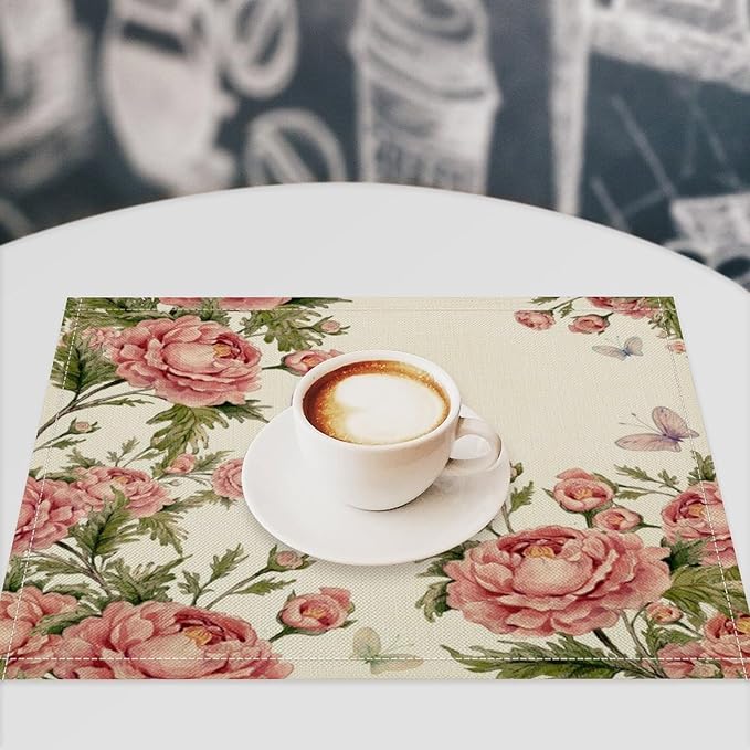 Pink Flowers Placemats Set of 4, 17x12 Inch Rustic Farmhouse Romantic Spring Floral Blossom Butterfly Table Mats for Home Party Kitchen Dining Decor