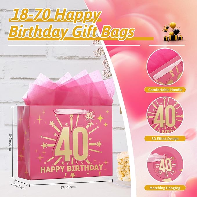 Bloomwords 40th Birthday Gift Bag Set with Card & Tissue – 13" Elegant Keepsake Party Bags for Unisex Anniversaries, Gift Wrapping & Celebrations(Pink)