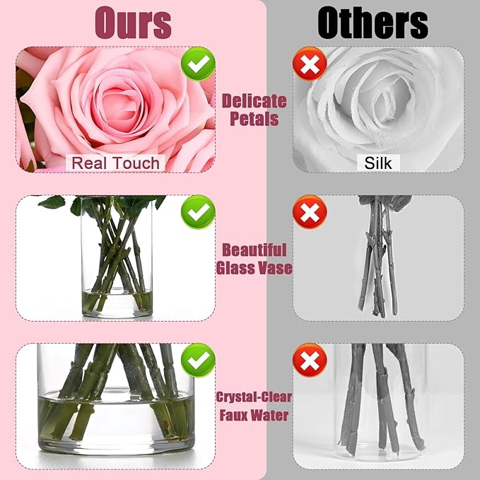 BLEUM CADE Luxury PU Fake Flowers in Vase with Faux Water, Pink Real Touch Roses Artificial Flowers with Glass Vase for Office Home Dining Room Centerpiece Table Decorations