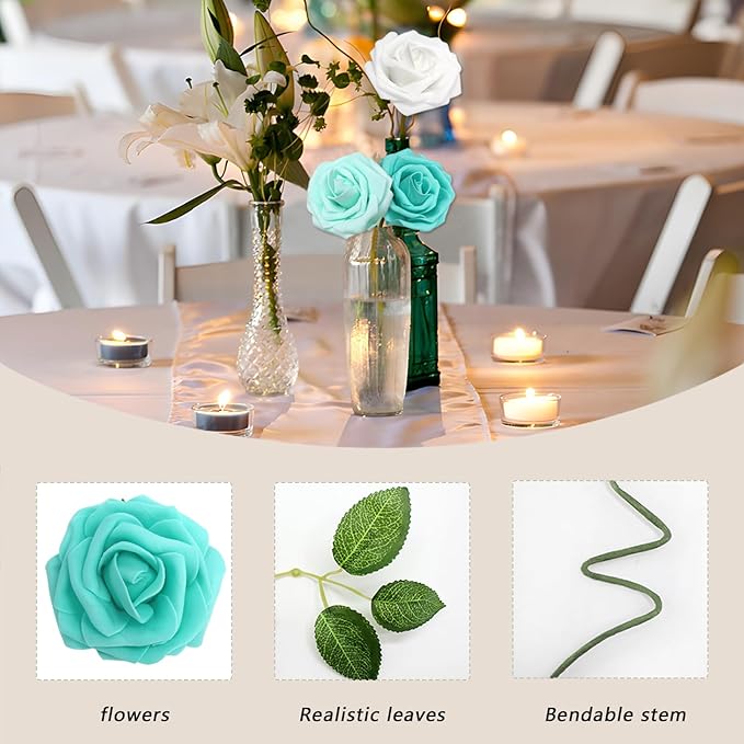 50PCS Artificial Flowers Green Series Roses Real Looking Foam Fake Roses with Leaves and for DIY Wedding Bouquets Bridal Shower Centerpieces Party Decorations (Green Series, 50)