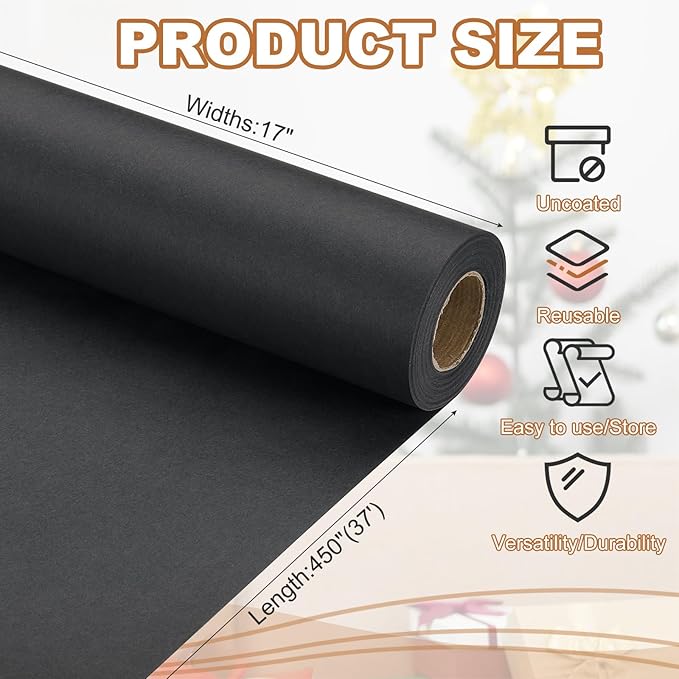 PATIKIL Wrapping Paper, 17" x 450"(37') 70 GSM Craft Paper Roll Kraft Packing Paper for Poster Bulletin Board, Gift Wrapping, Black